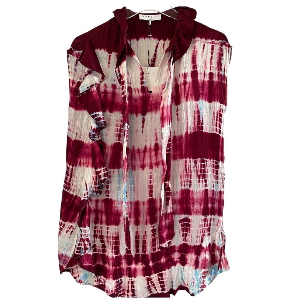 Sandro Silk Tie Dye Ruffle Blouse Womens 3 L Burgundy White Sleeveless Excellent - Picture 3 of 16